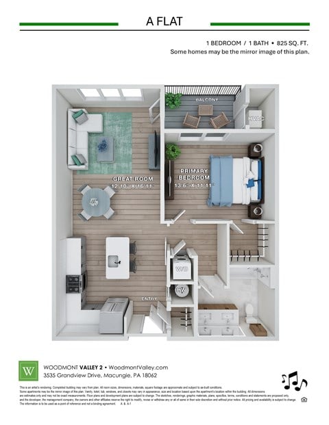 Floor plan for 1 bed, 1 bath, 825 sqft